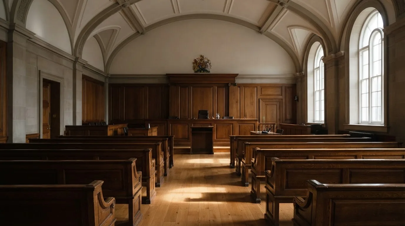 Una sala de tribunal vacía con bancos de madera a la luz de la mañana