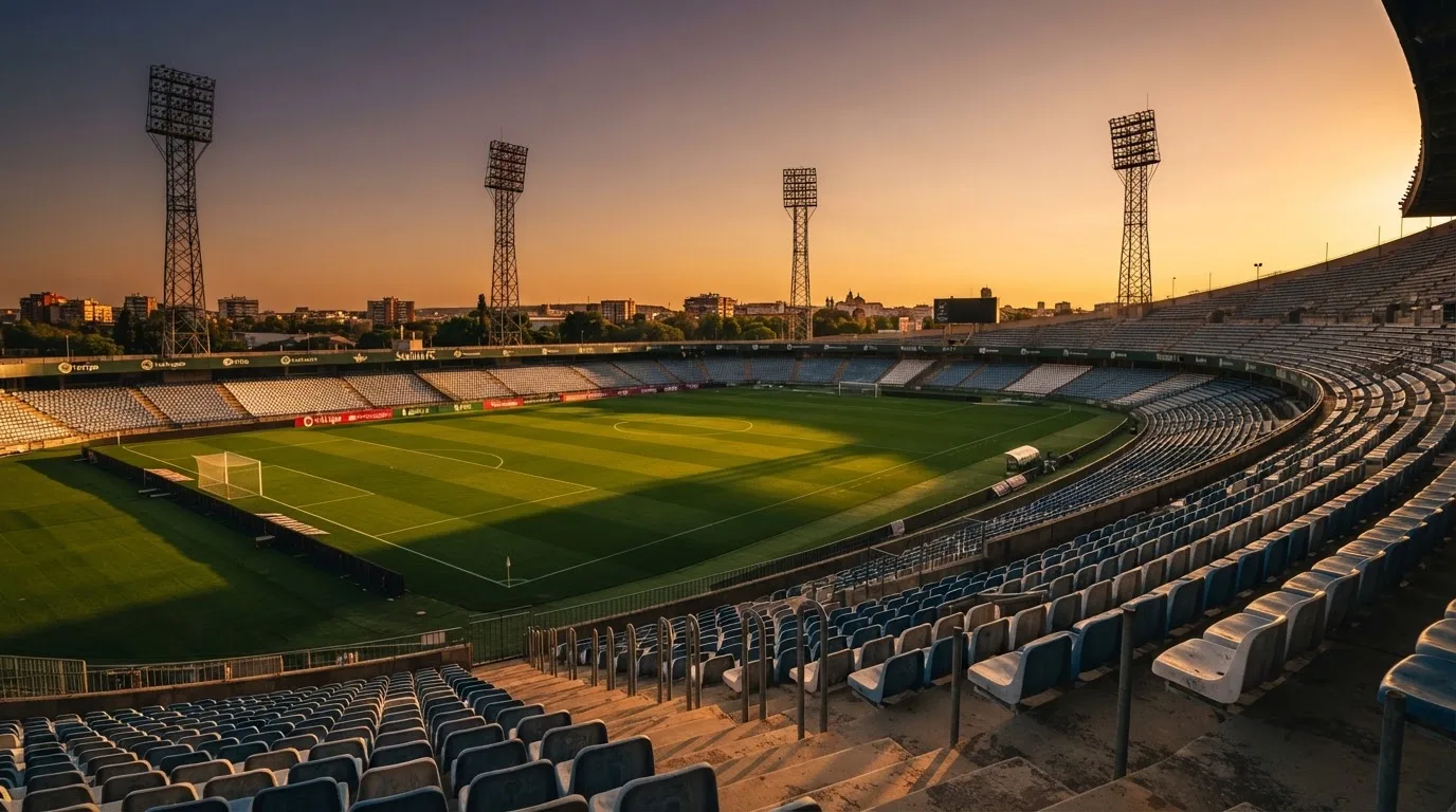 Un estadio de fútbol vacío con torres de iluminación al atardecer