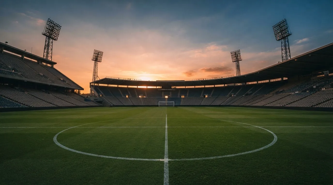Un estadio de fútbol vacío con torres de iluminación al atardecer
