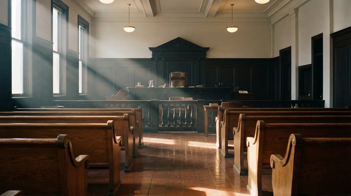 Una sala de tribunal vacía con bancos de madera a la luz de la mañana