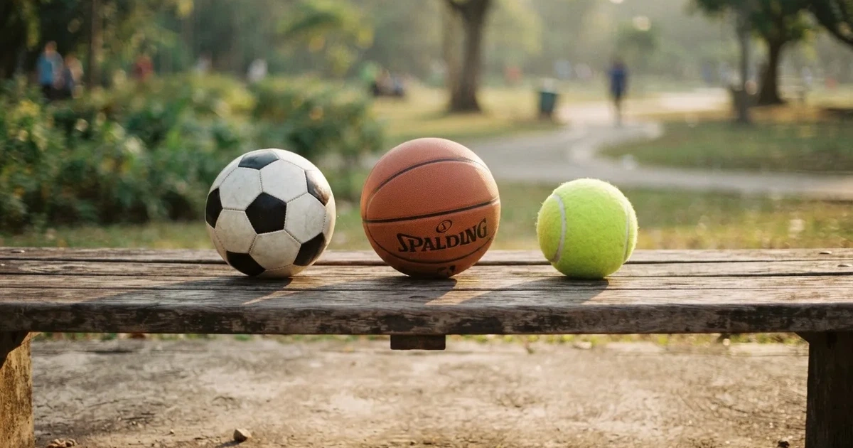 Tres balones de distintos tipos, uno junto a otro, sobre un banco de madera