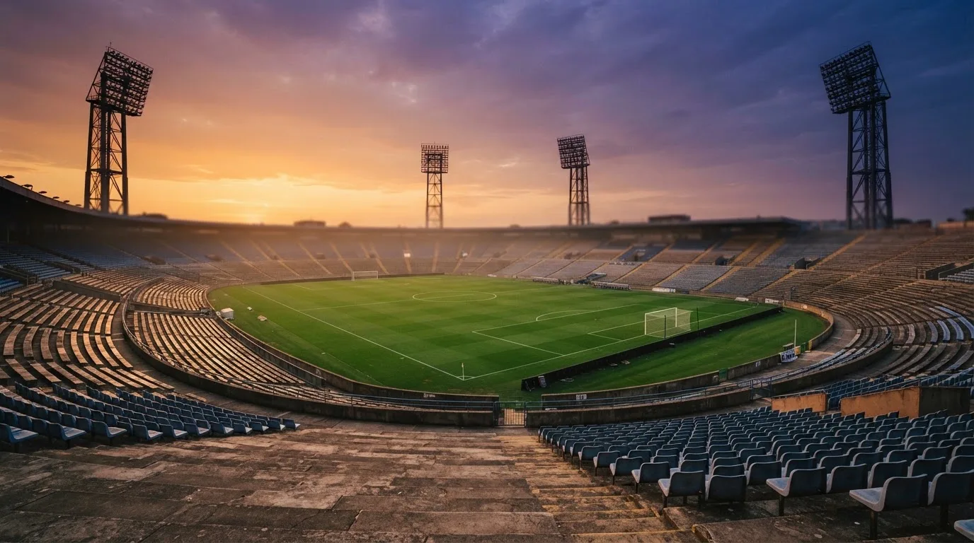 Un estadio de fútbol vacío con torres de iluminación al atardecer