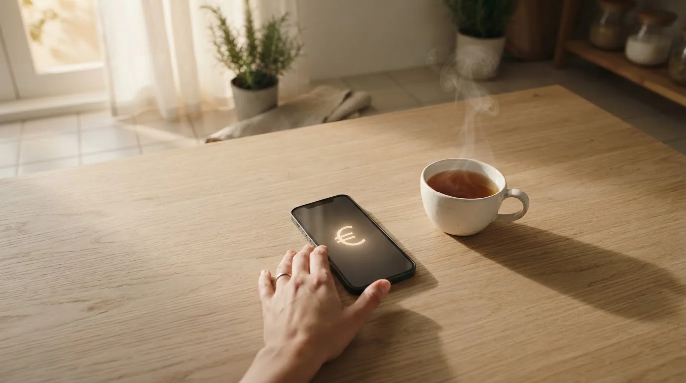 Una mano deja un móvil junto a una taza de té sobre la mesa de la cocina, una tarde tranquila
