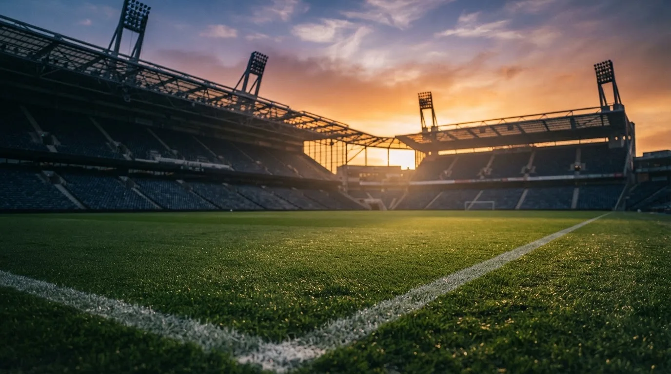 Un estadio de fútbol vacío con torres de iluminación al atardecer