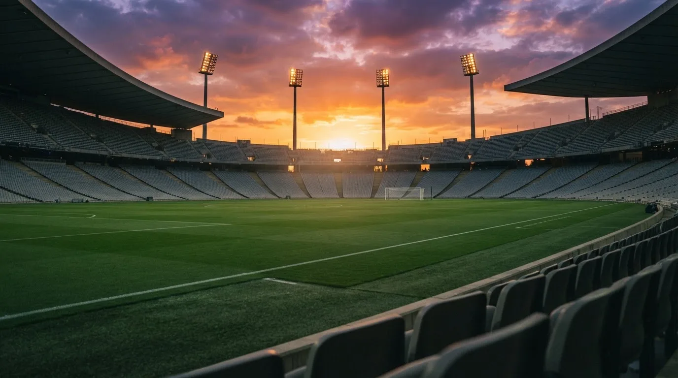 Un estadio de fútbol vacío con torres de iluminación al atardecer