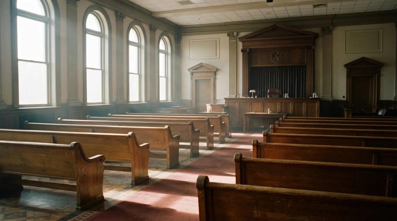 Una sala de tribunal vacía con bancos de madera a la luz de la mañana