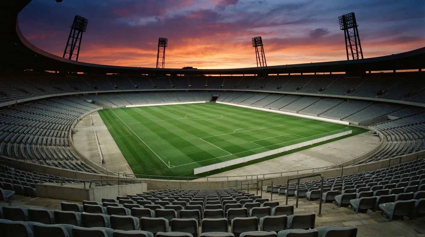 Un estadio de fútbol vacío con torres de iluminación al atardecer