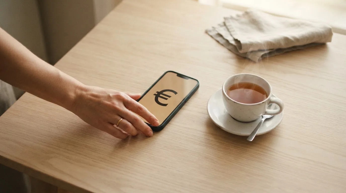Una mano deja un móvil junto a una taza de té sobre la mesa de la cocina, una tarde tranquila