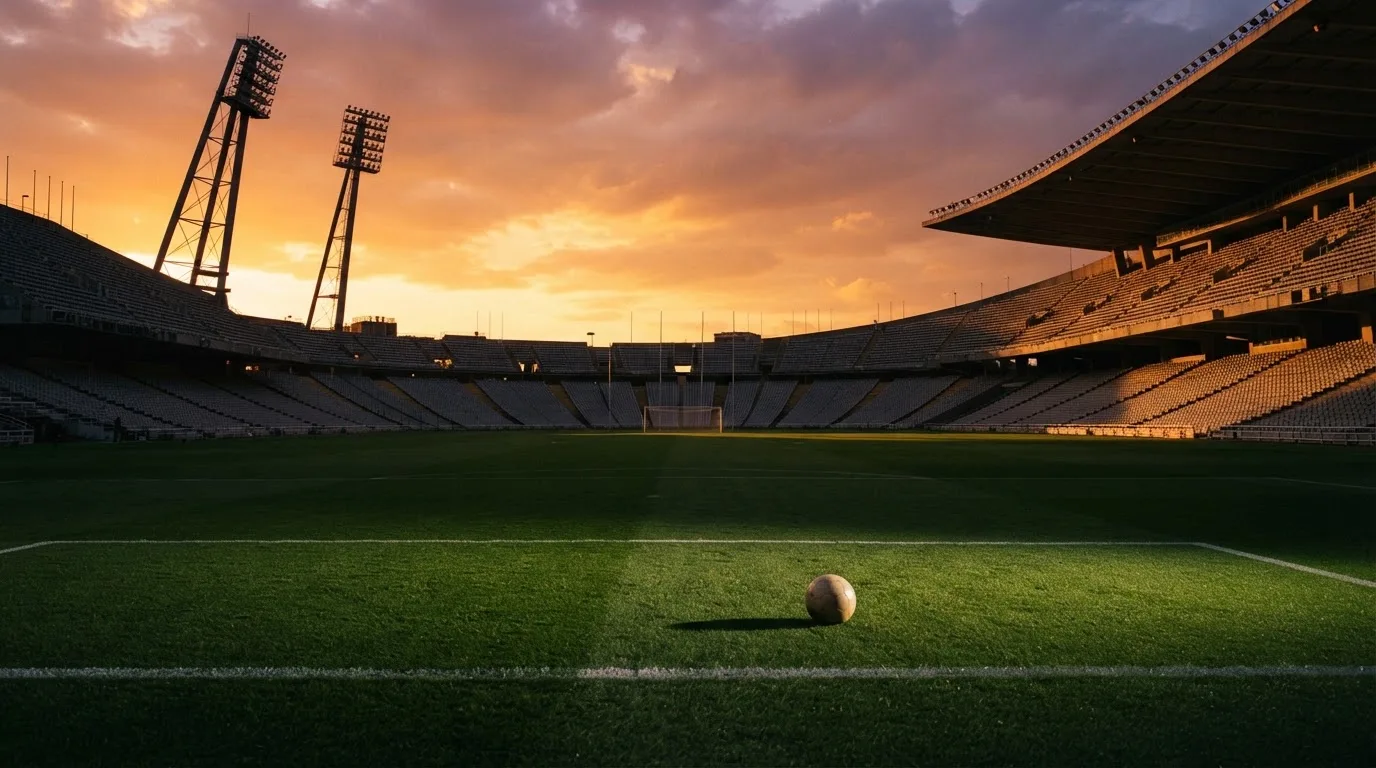 Un estadio de fútbol vacío con torres de iluminación al atardecer