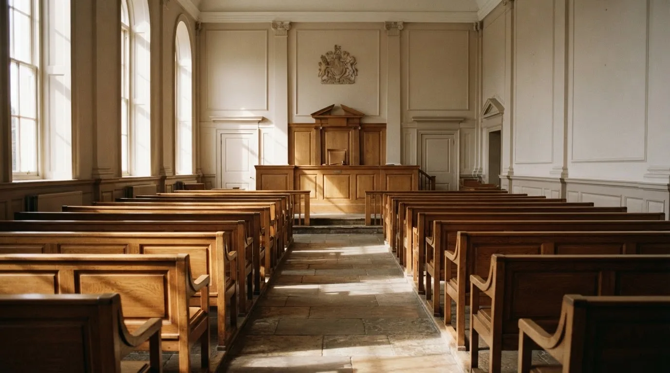 Una sala de tribunal vacía con bancos de madera a la luz de la mañana