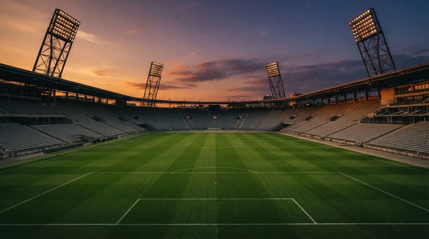 Un estadio de fútbol vacío con torres de iluminación al atardecer