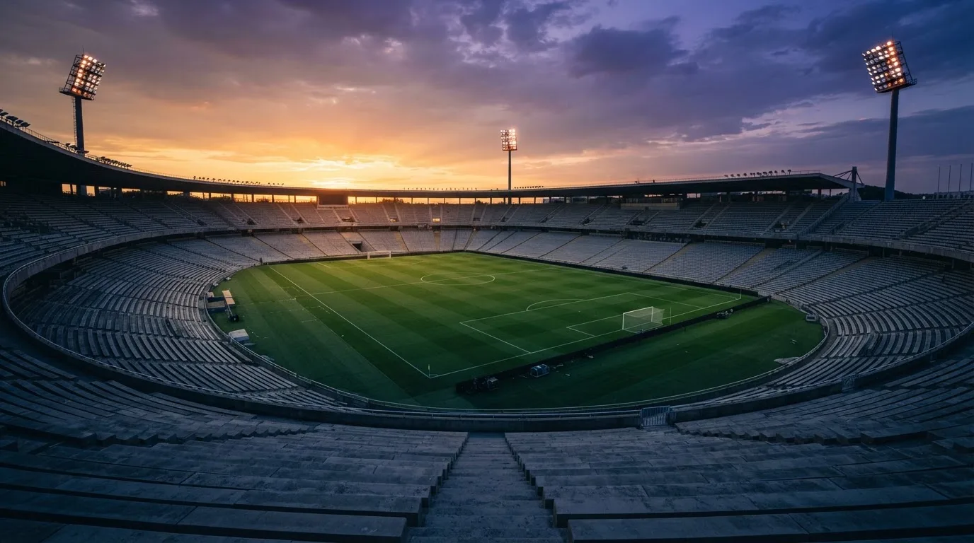 Un estadio de fútbol vacío con torres de iluminación al atardecer