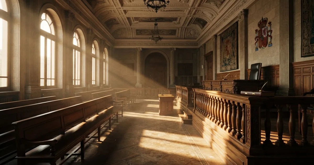 Una sala de tribunal vacía con bancos de madera a la luz de la mañana