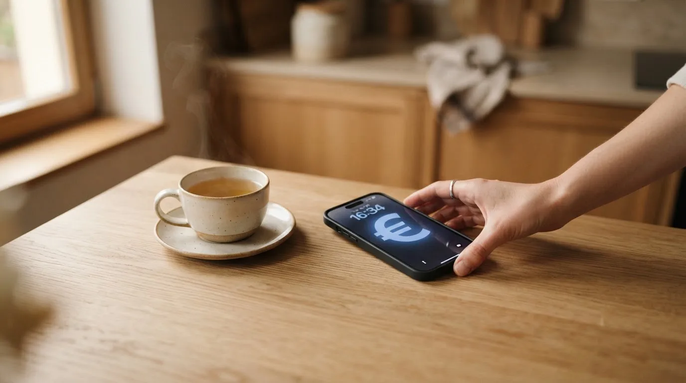 Una mano deja un móvil junto a una taza de té sobre la mesa de la cocina, una tarde tranquila
