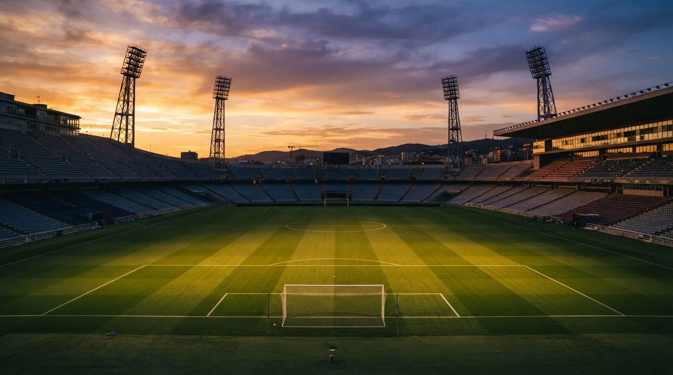 Un estadio de fútbol vacío con torres de iluminación al atardecer