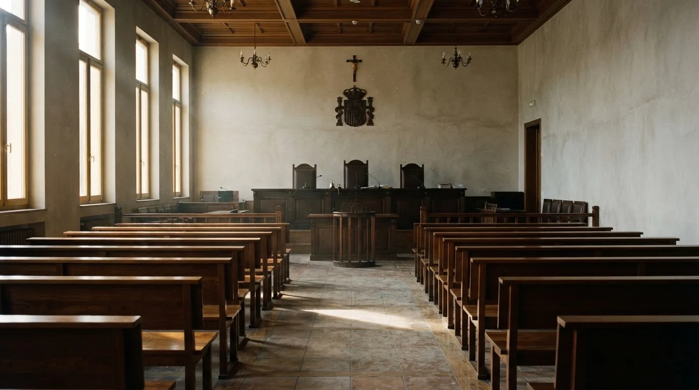 Una sala de tribunal vacía con bancos de madera a la luz de la mañana