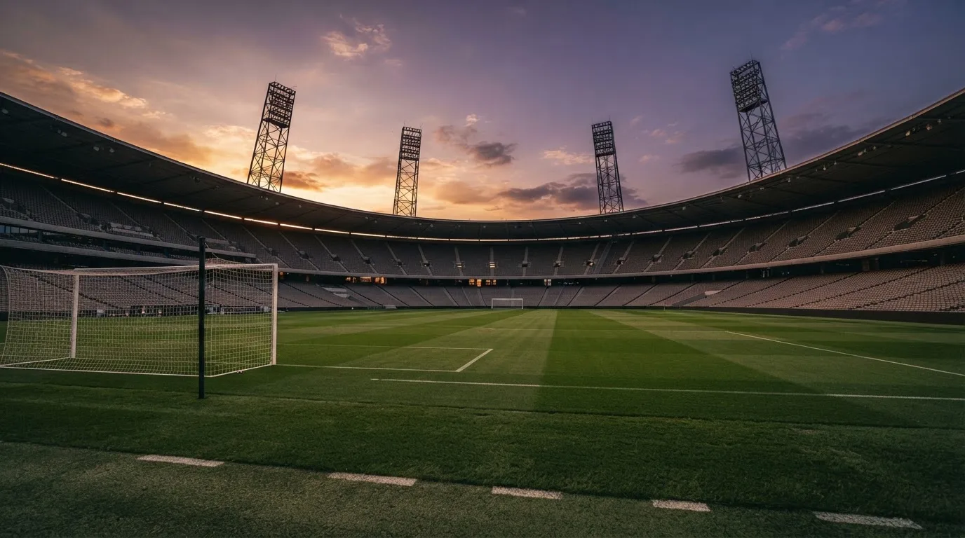 Un estadio de fútbol vacío con torres de iluminación al atardecer