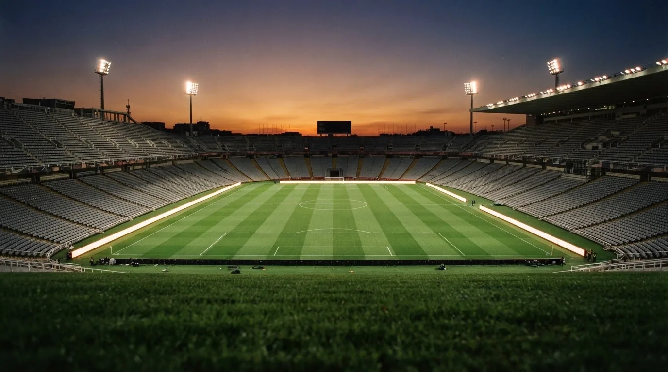 Un estadio de fútbol vacío con torres de iluminación al atardecer