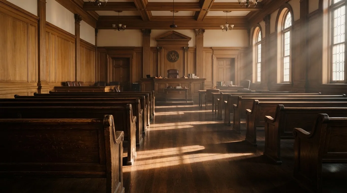 Una sala de tribunal vacía con bancos de madera a la luz de la mañana