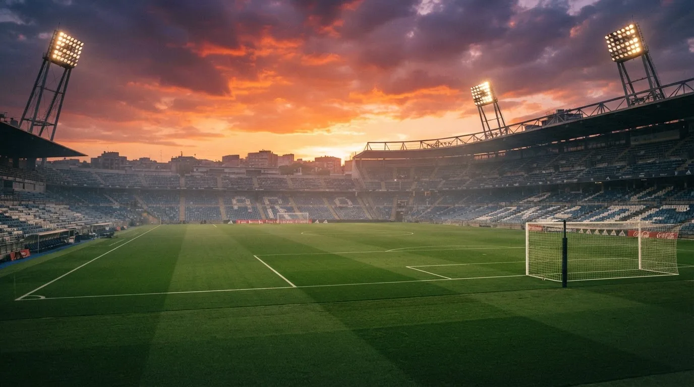 Un estadio de fútbol vacío con torres de iluminación al atardecer