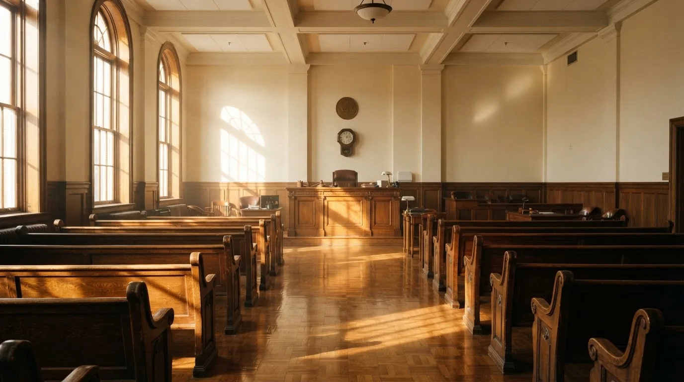 Una sala de tribunal vacía con bancos de madera a la luz de la mañana