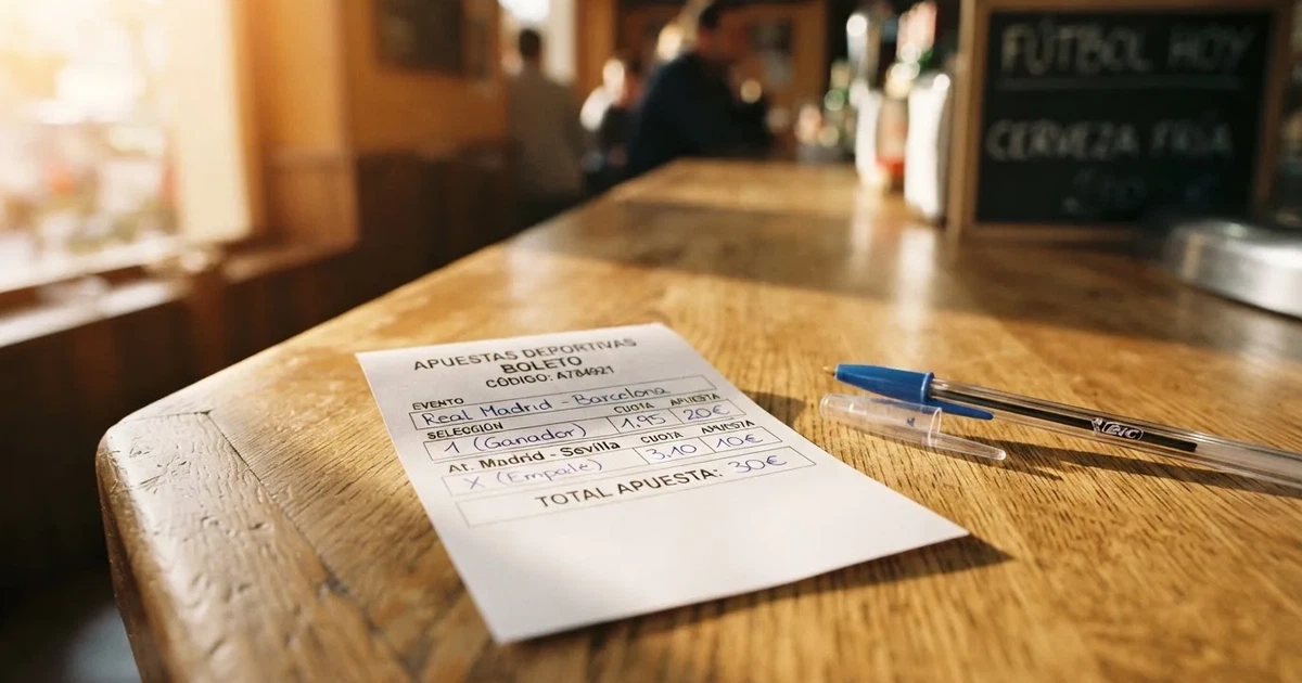 Un boleto de papel en blanco junto a un bolígrafo sobre un mostrador de madera