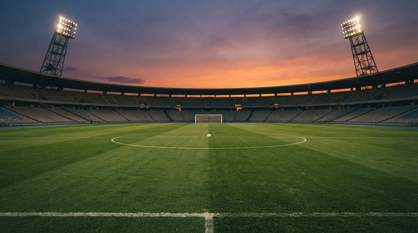 Un estadio de fútbol vacío con torres de iluminación al atardecer