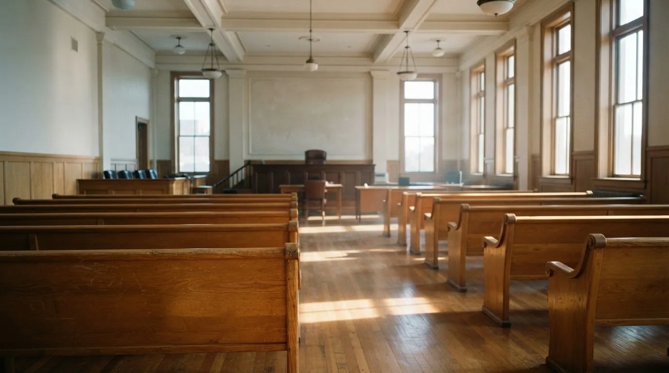 Una sala de tribunal vacía con bancos de madera a la luz de la mañana