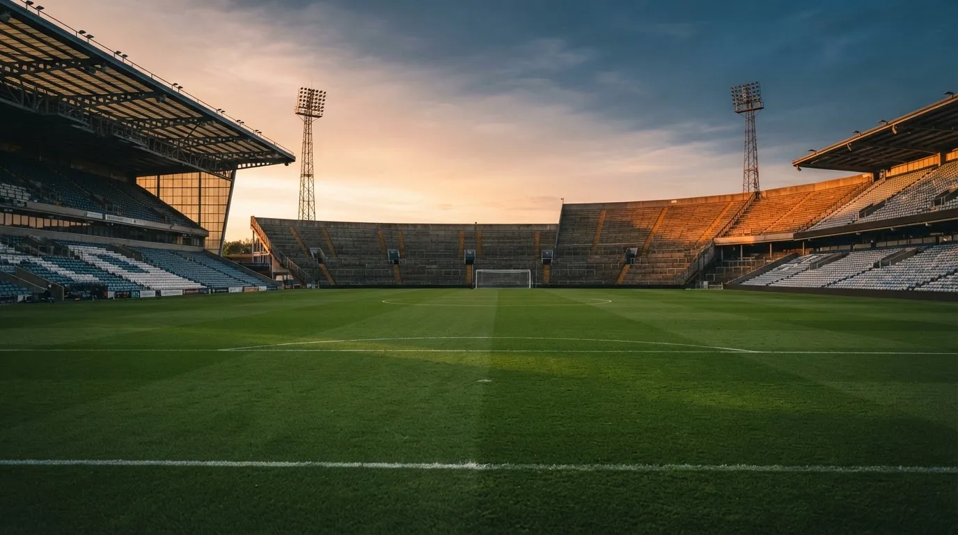 Un estadio de fútbol vacío con torres de iluminación al atardecer