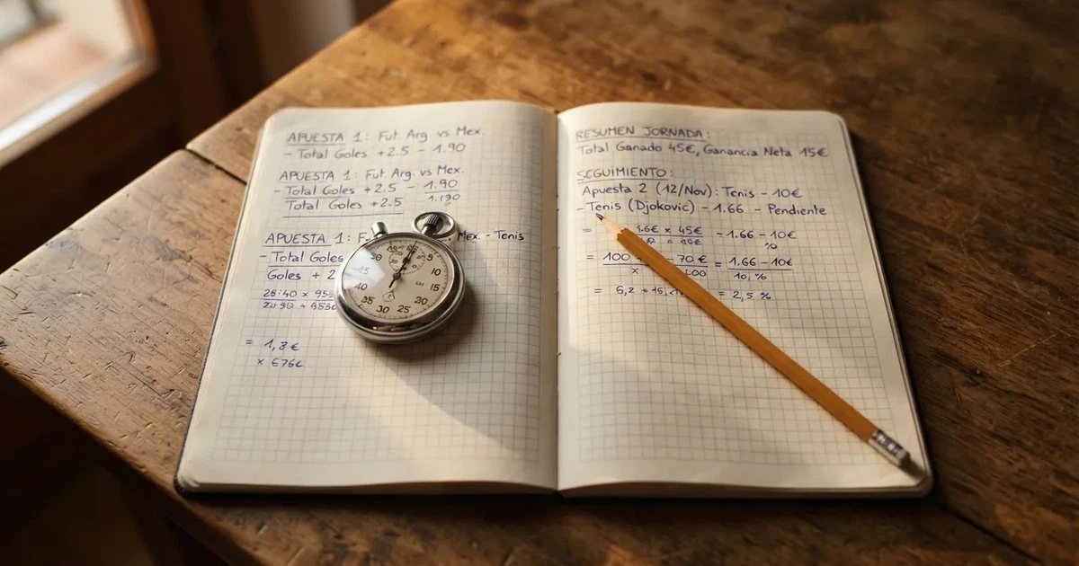Un cuaderno abierto con un lápiz y un cronómetro sobre una mesa de madera