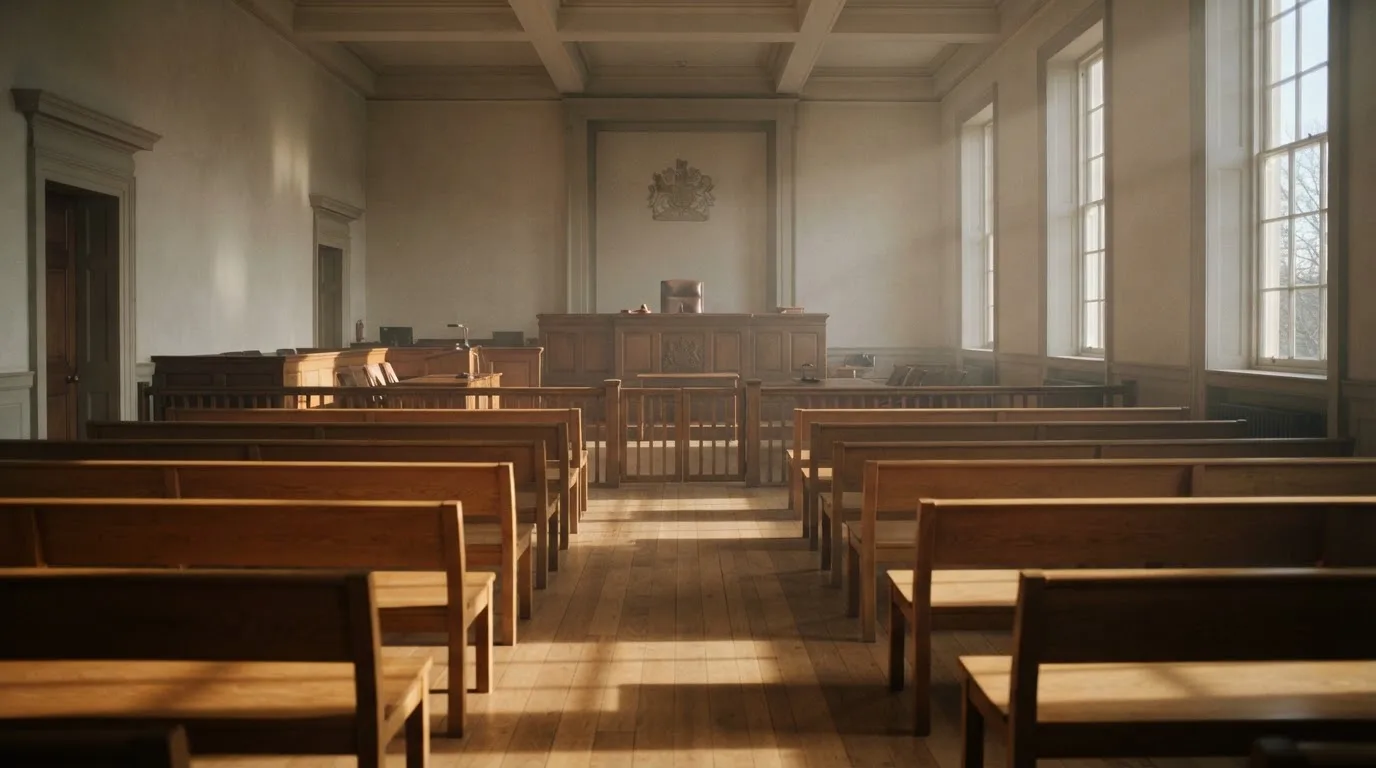 Una sala de tribunal vacía con bancos de madera a la luz de la mañana