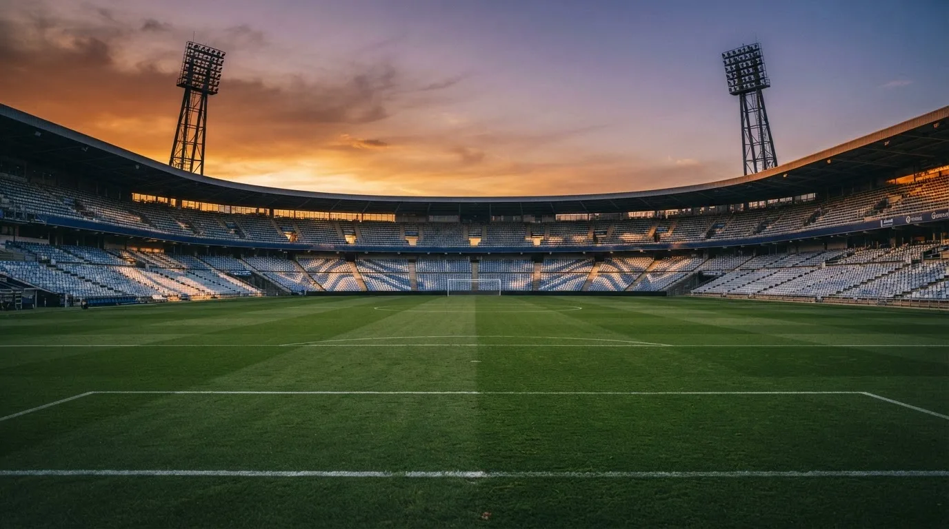 Un estadio de fútbol vacío con torres de iluminación al atardecer
