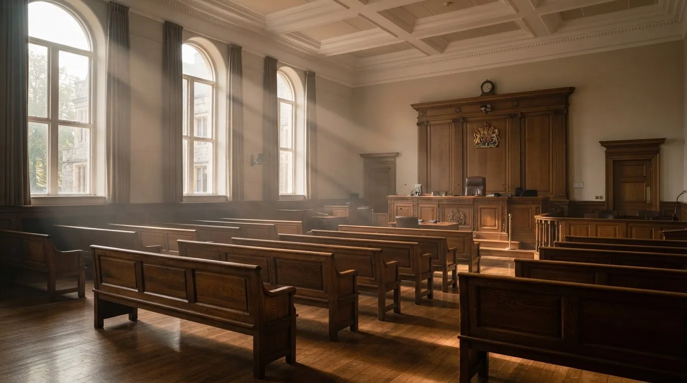 Una sala de tribunal vacía con bancos de madera a la luz de la mañana