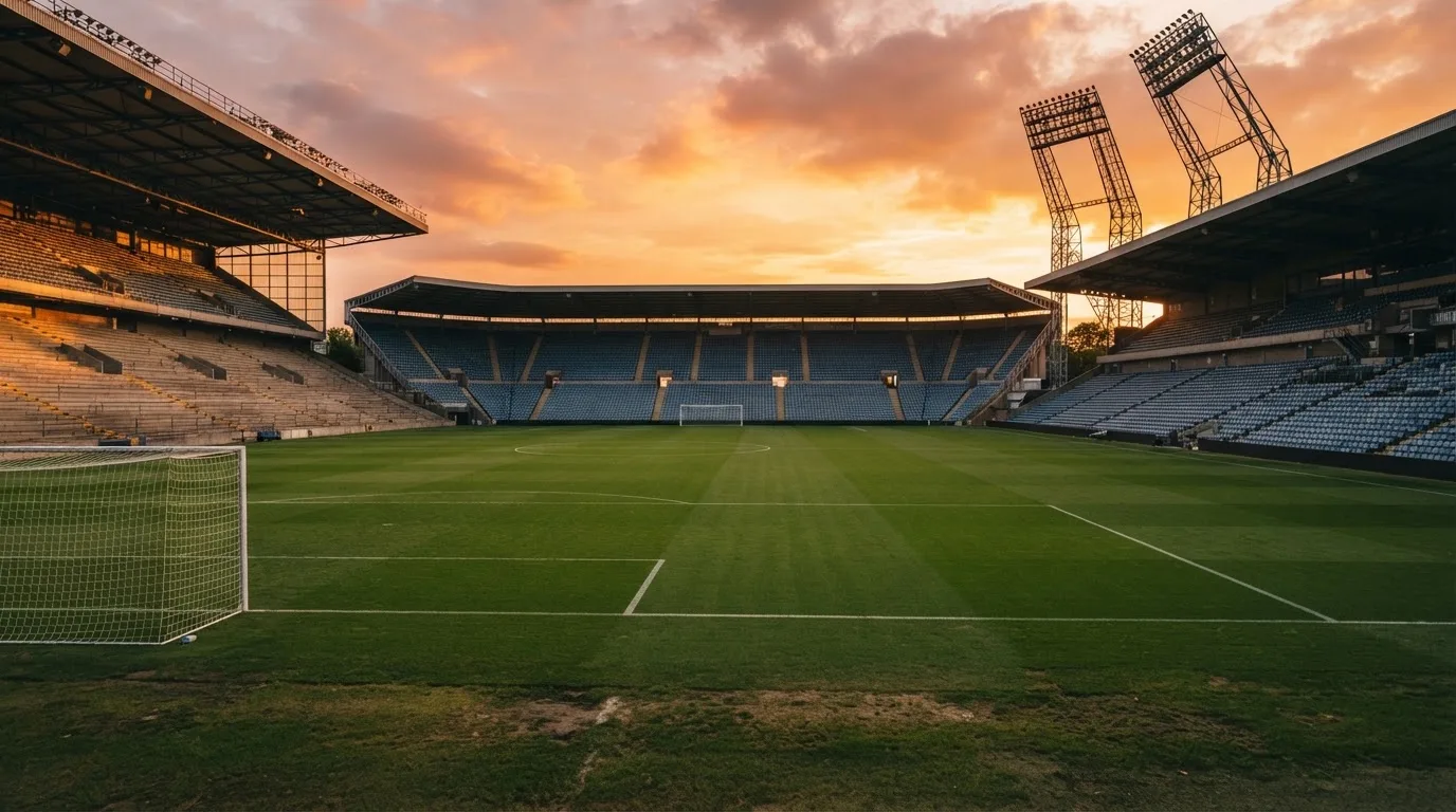 Un estadio de fútbol vacío con torres de iluminación al atardecer