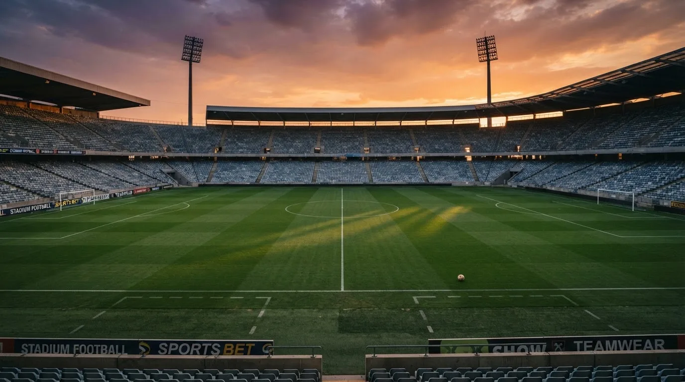 Un estadio de fútbol vacío con torres de iluminación al atardecer