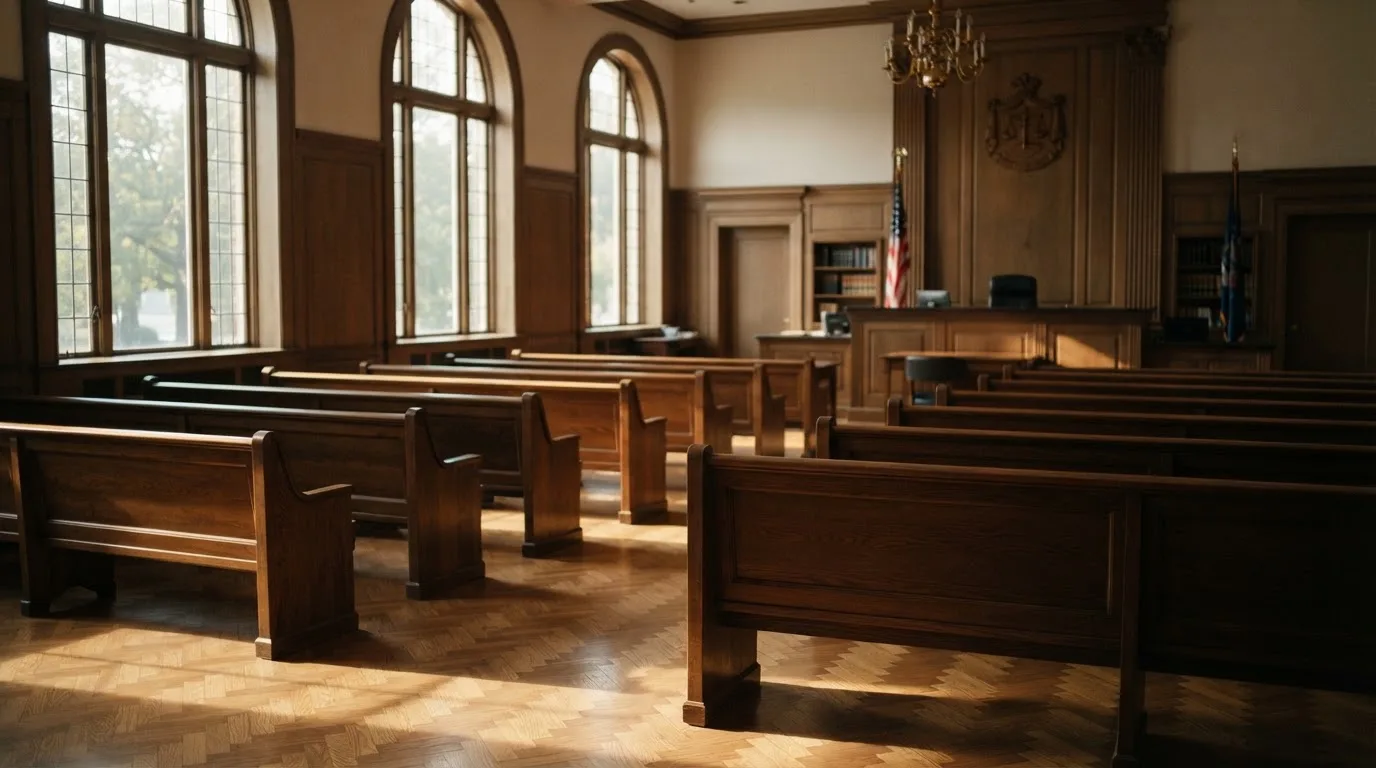 Una sala de tribunal vacía con bancos de madera a la luz de la mañana