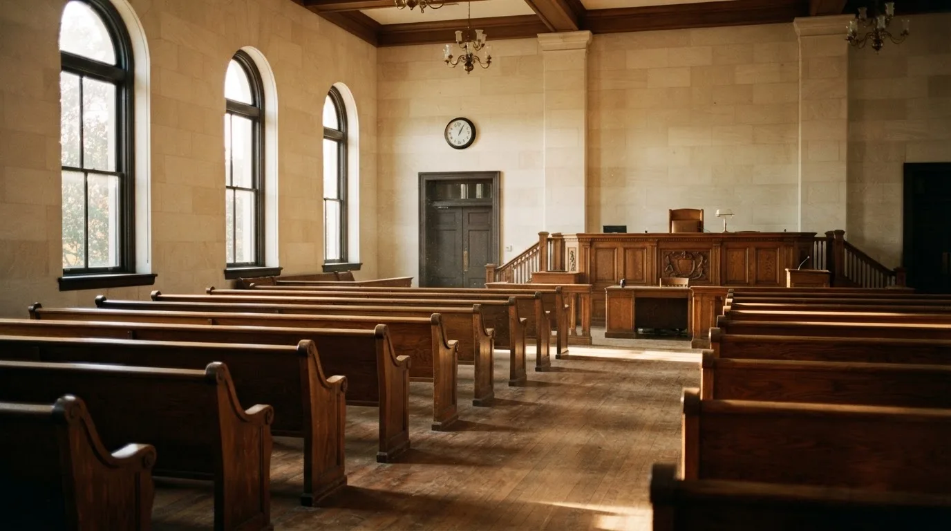 Una sala de tribunal vacía con bancos de madera a la luz de la mañana
