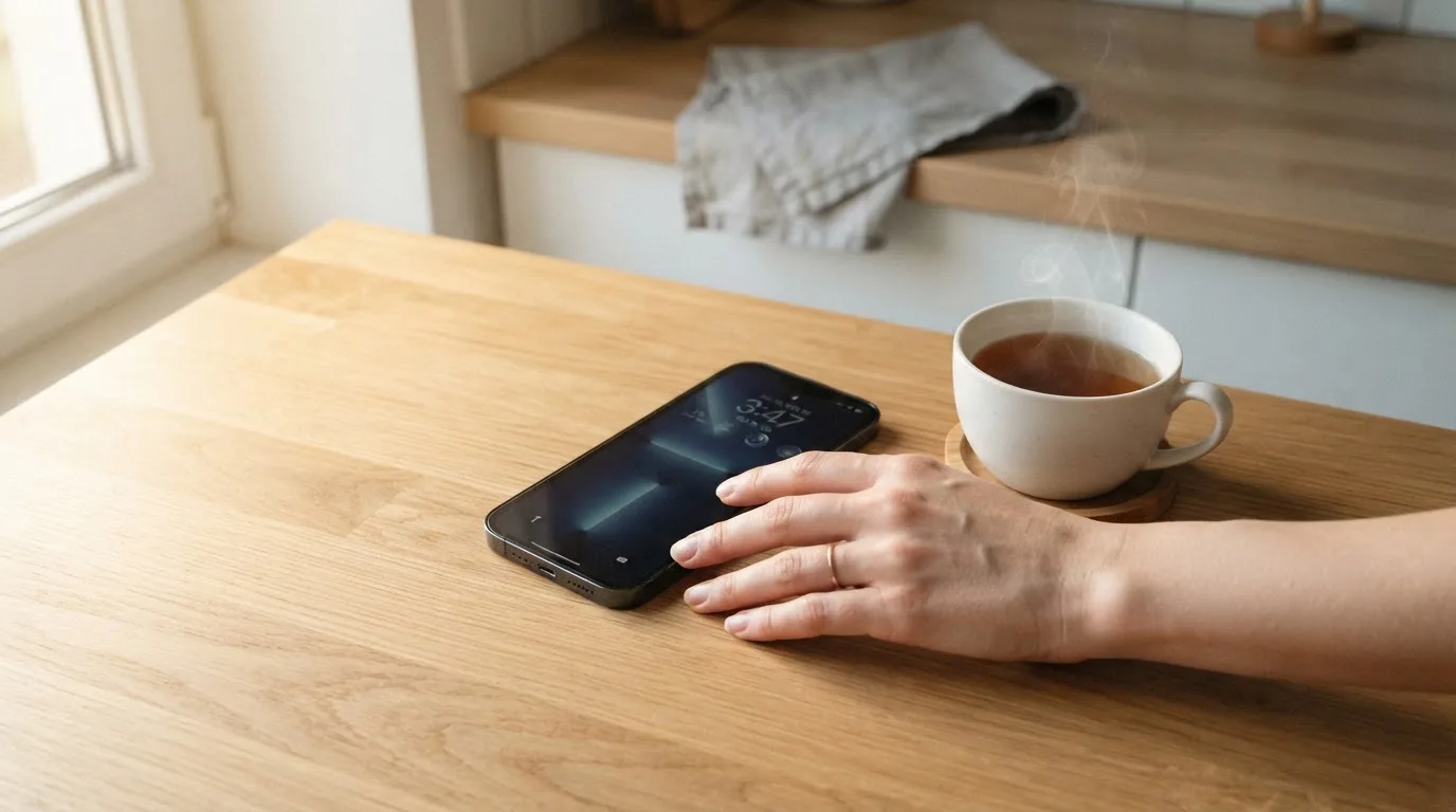 Una mano deja un móvil junto a una taza de té sobre la mesa de la cocina, una tarde tranquila