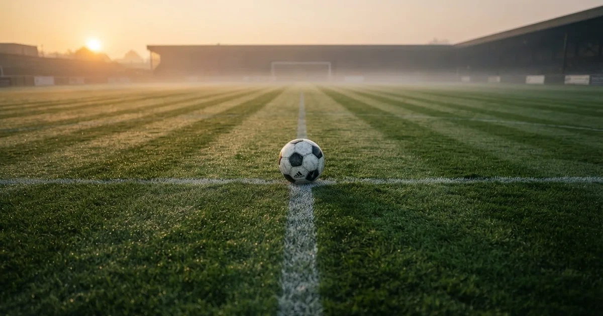 Un balón en el punto central de un campo de césped a la luz de la mañana