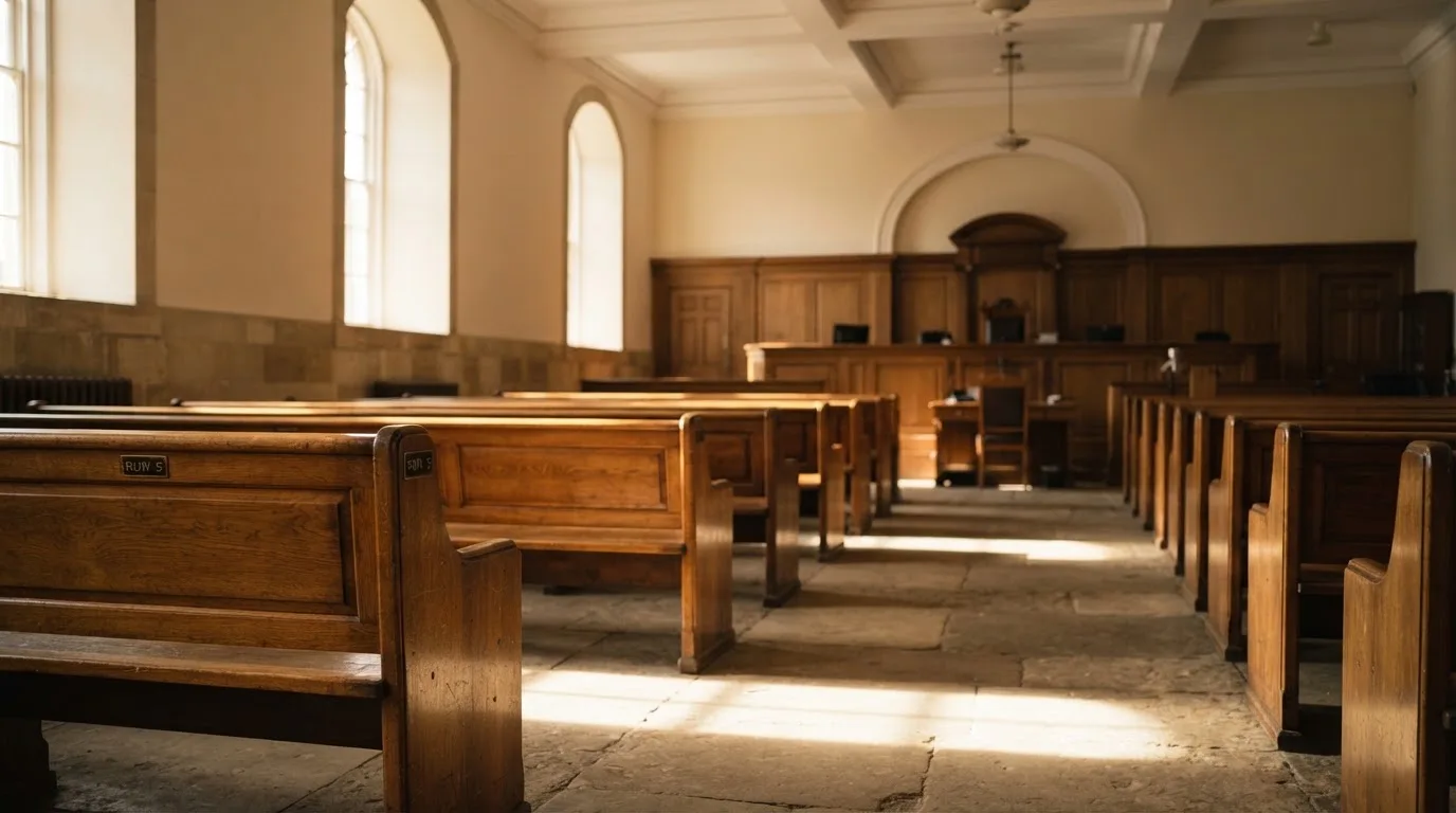 Una sala de tribunal vacía con bancos de madera a la luz de la mañana