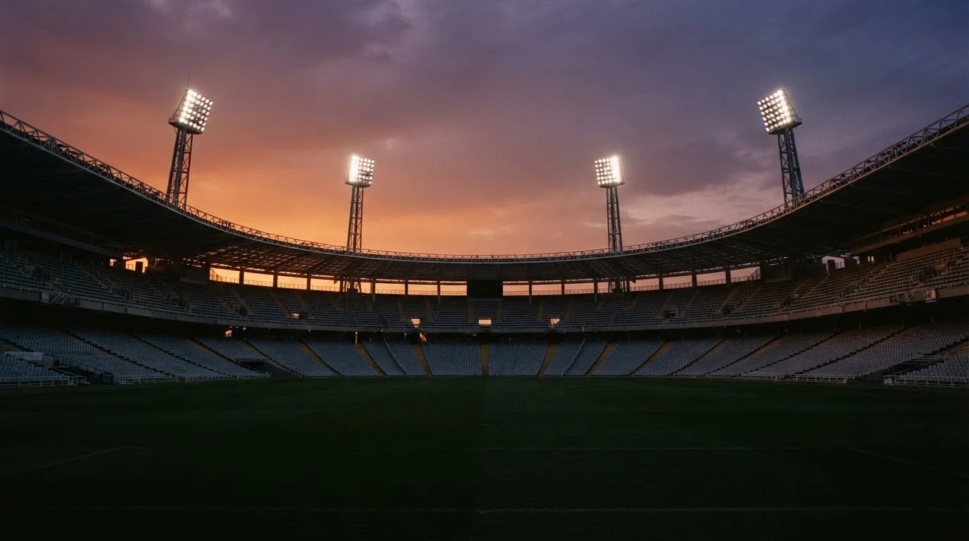 Un estadio de fútbol vacío con torres de iluminación al atardecer