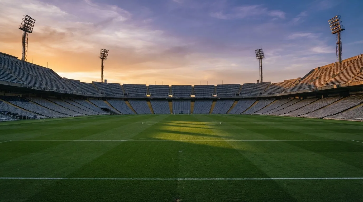 Un estadio de fútbol vacío con torres de iluminación al atardecer