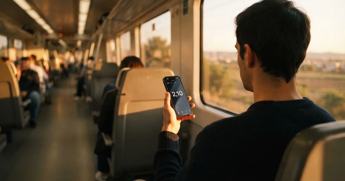 Una mano sostiene un móvil en el tren por la tarde, con la pantalla girada