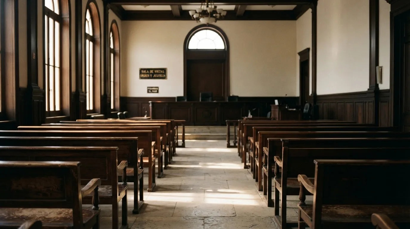 Una sala de tribunal vacía con bancos de madera a la luz de la mañana