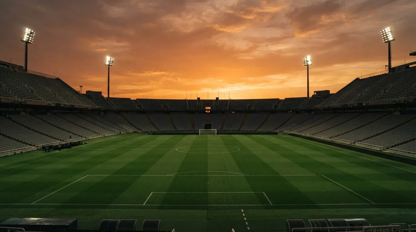 Un estadio de fútbol vacío con torres de iluminación al atardecer