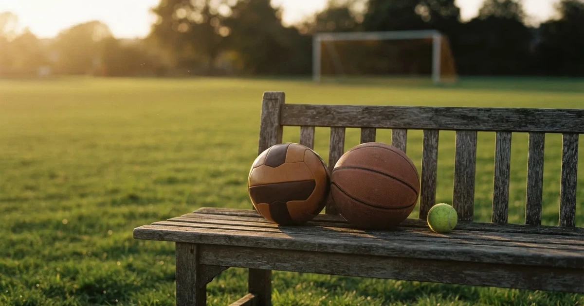 Tres balones de distintos tipos, uno junto a otro, sobre un banco de madera