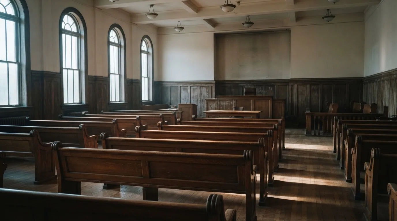 Una sala de tribunal vacía con bancos de madera a la luz de la mañana