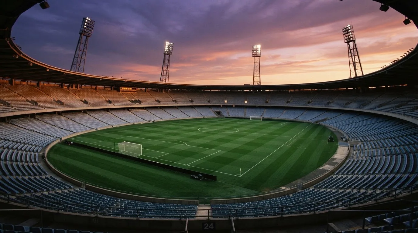 Un estadio de fútbol vacío con torres de iluminación al atardecer