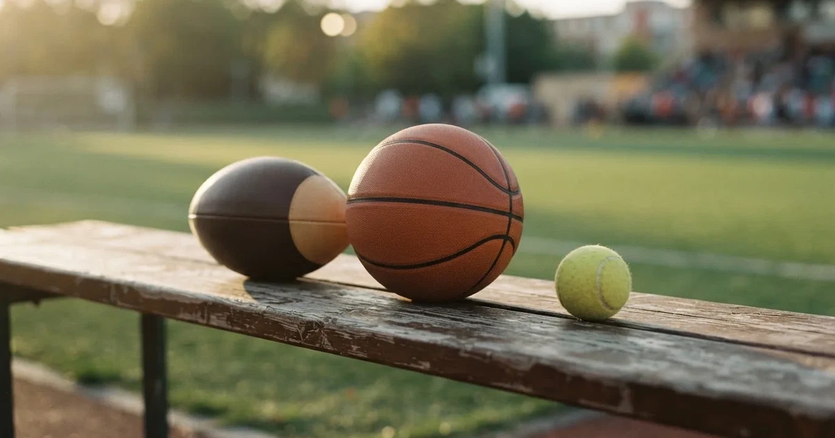 Tres balones de distintos tipos, uno junto a otro, sobre un banco de madera