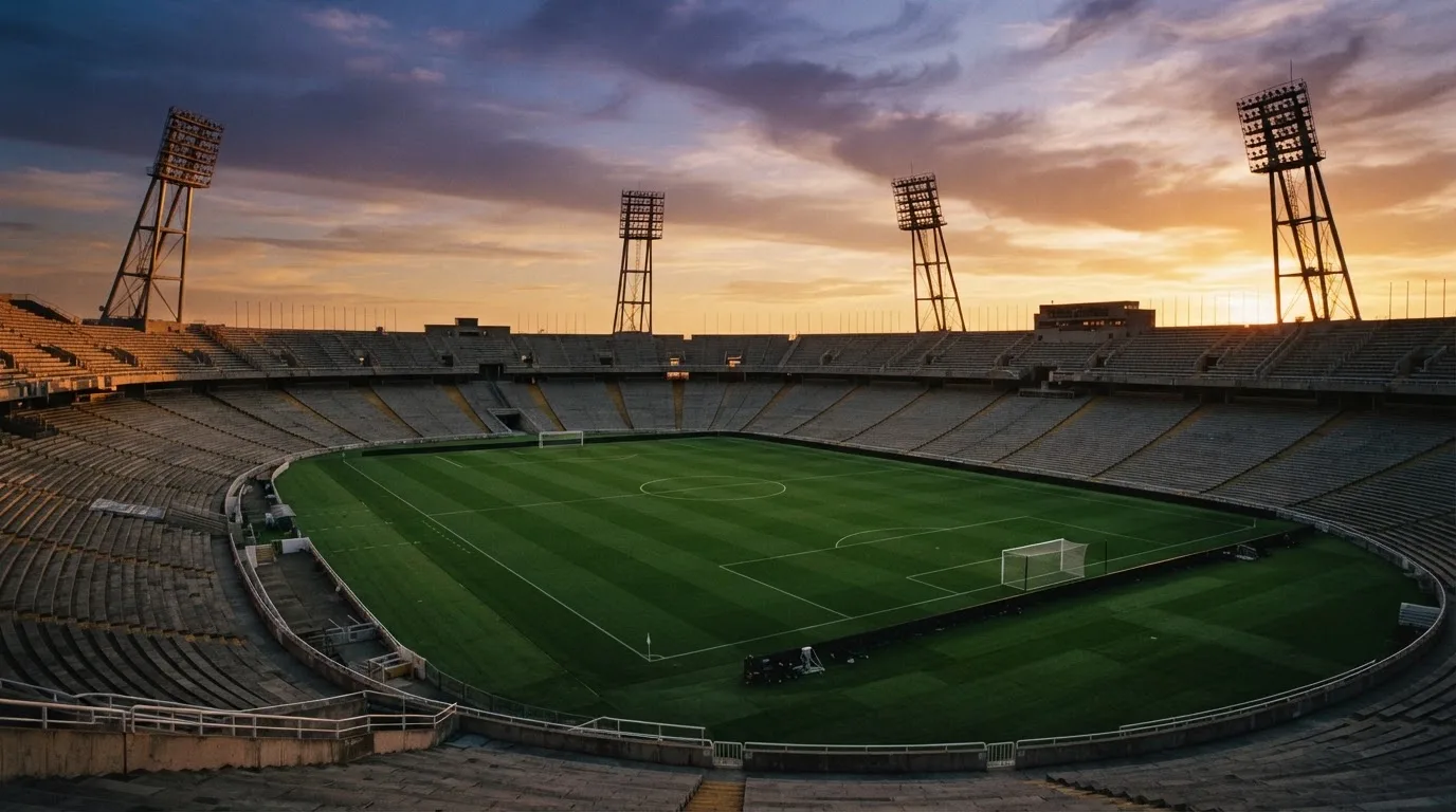 Un estadio de fútbol vacío con torres de iluminación al atardecer